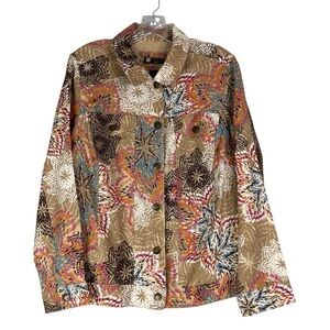 Carole Little Jacket Women’s 1X Tan Pink 100% Linen Lightweight Abstract Floral